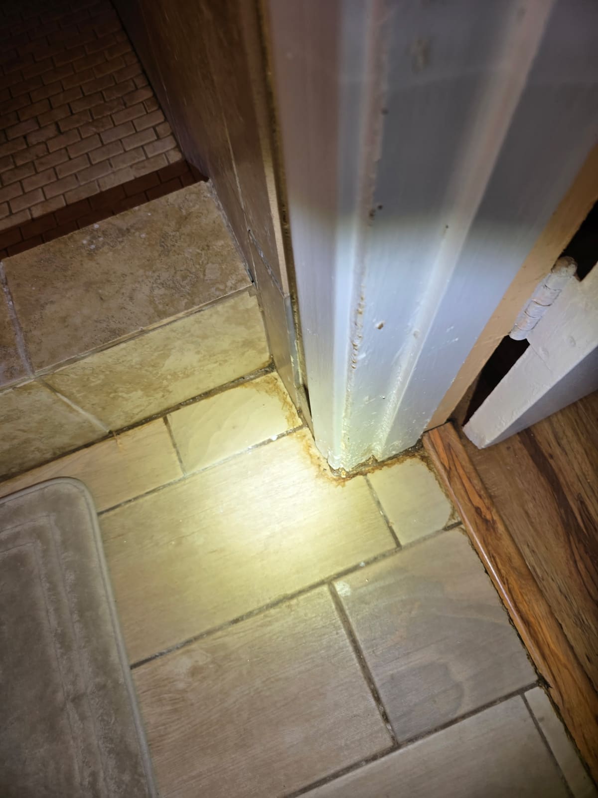 Rust colored water staining at the base of a bathroom door casing in San Bernardino